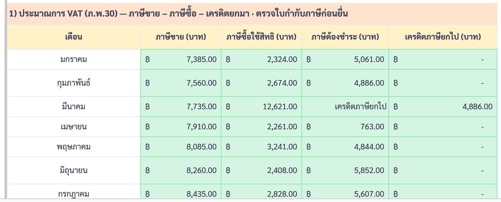 ตารางประมาณการ VAT ภ.พ.30 รายเดือน ภาษีขาย ภาษีซื้อ ภาษีต้องชำระ และเครดิตภาษียกไป