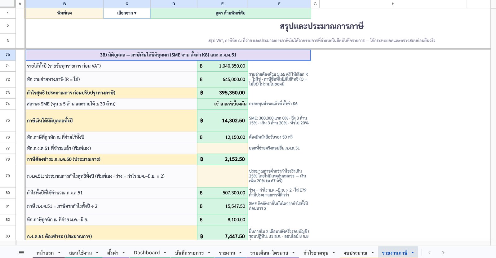ภาษีนิติบุคคล SME + ภ.ง.ด.51 — ภาพหน้าจอจริงจากเทมเพลตบัญชีรายรับ-รายจ่าย