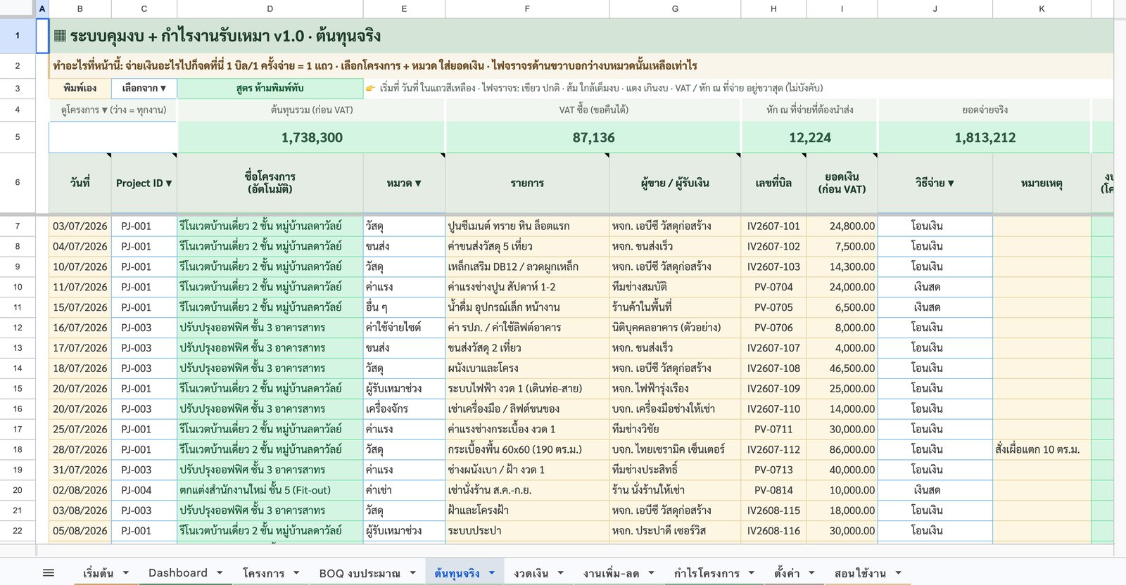 ต้นทุนจริง — จ่ายครั้งละ 1 แถว — ภาพหน้าจอจริงจากระบบคุมงบ + กำไรงานรับเหมา