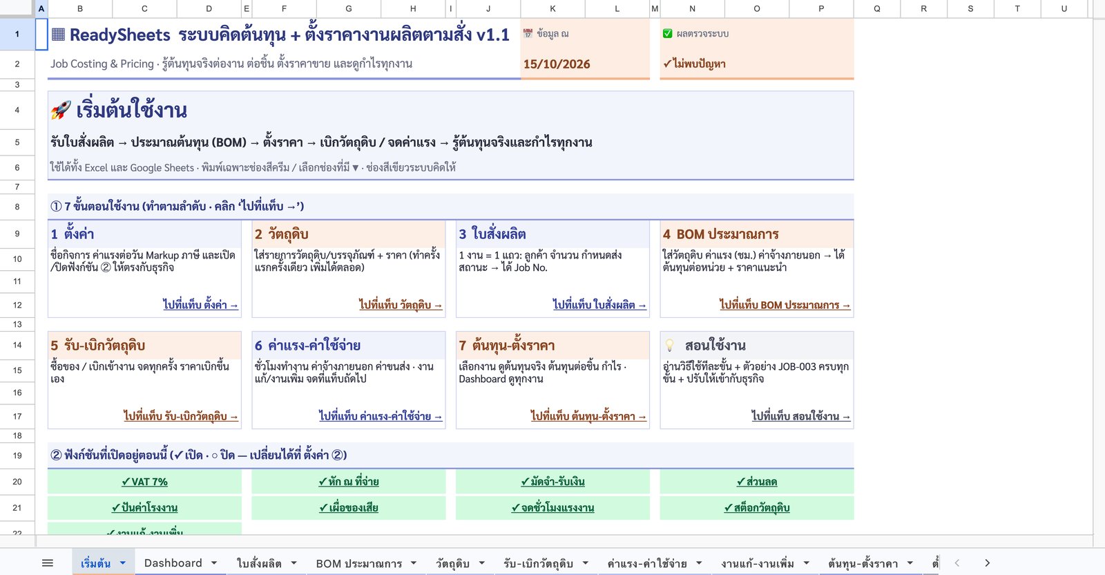 เริ่มต้น — 7 ขั้นตอน + ฟังก์ชันที่เปิดอยู่ — ภาพหน้าจอจริงจากระบบคิดต้นทุน + ตั้งราคางานผลิตตามสั่ง