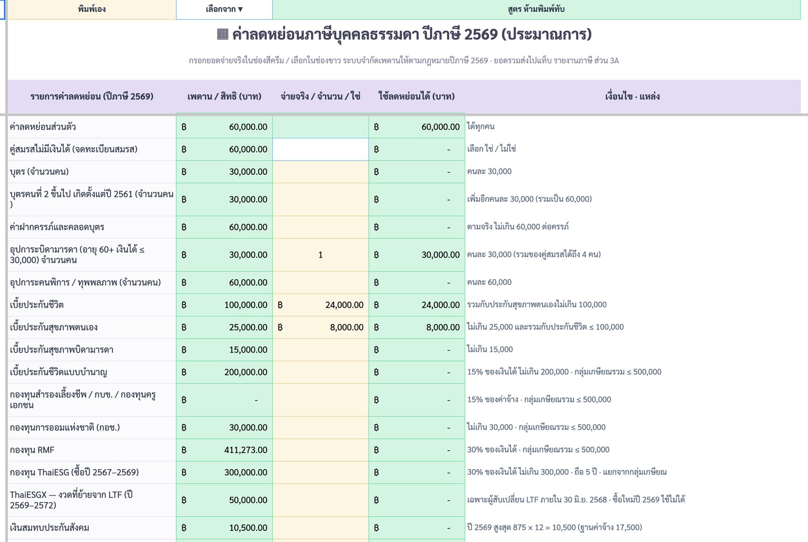 ค่าลดหย่อน — ปีภาษี 2569 — ภาพหน้าจอจริงจากบัญชีรายรับ-รายจ่าย ฉบับแม่ค้าออนไลน์