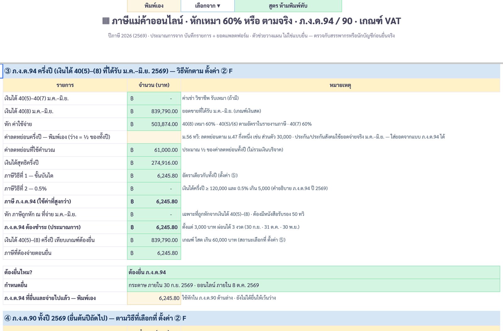 ภ.ง.ด.94 ครึ่งปี — ต้องยื่นไหม + วันยื่น — ภาพหน้าจอจริงจากบัญชีรายรับ-รายจ่าย ฉบับแม่ค้าออนไลน์