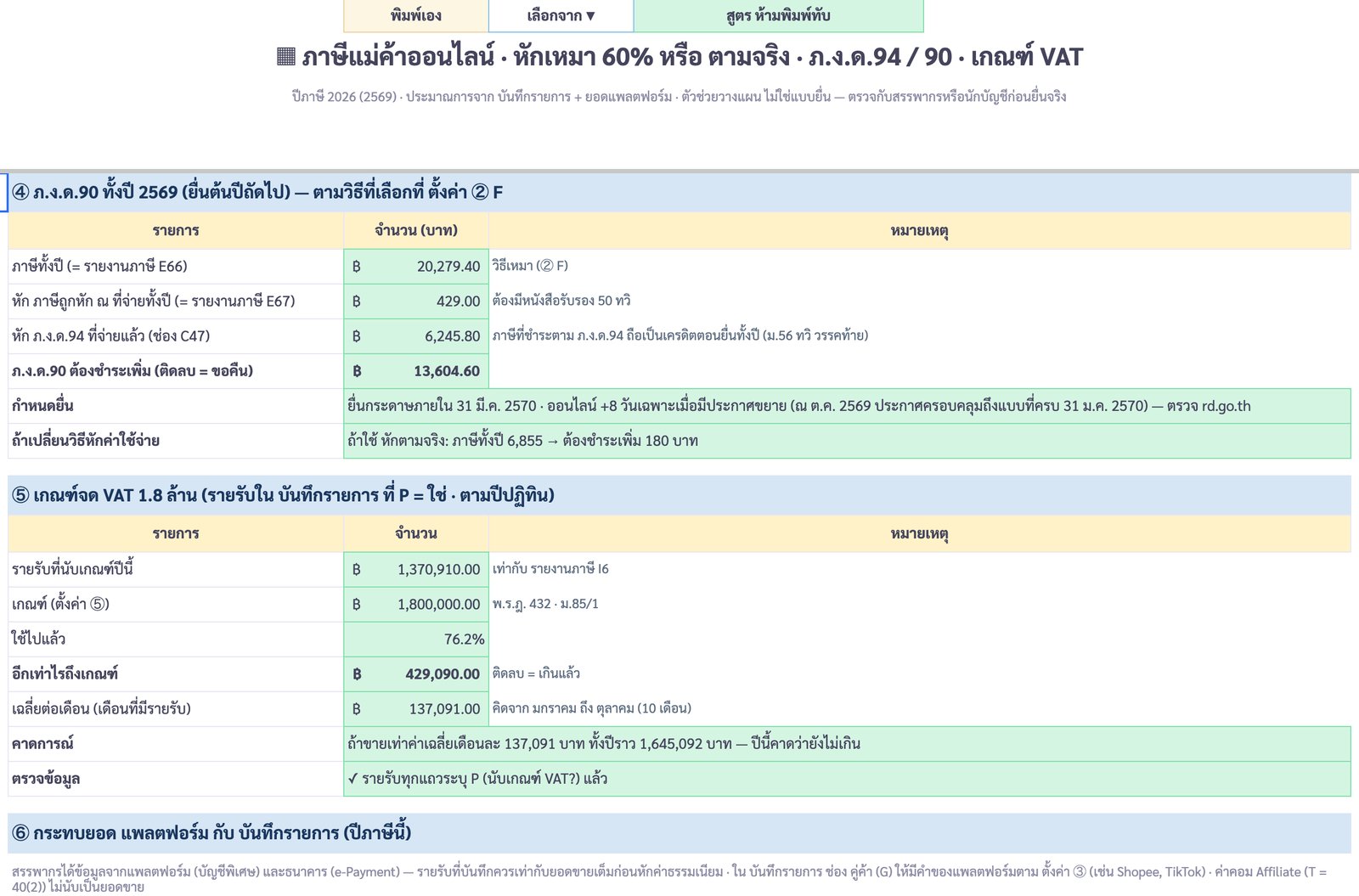 ภ.ง.ด.90 ทั้งปี + เกณฑ์ VAT 1.8 ล้าน — ภาพหน้าจอจริงจากบัญชีรายรับ-รายจ่าย ฉบับแม่ค้าออนไลน์