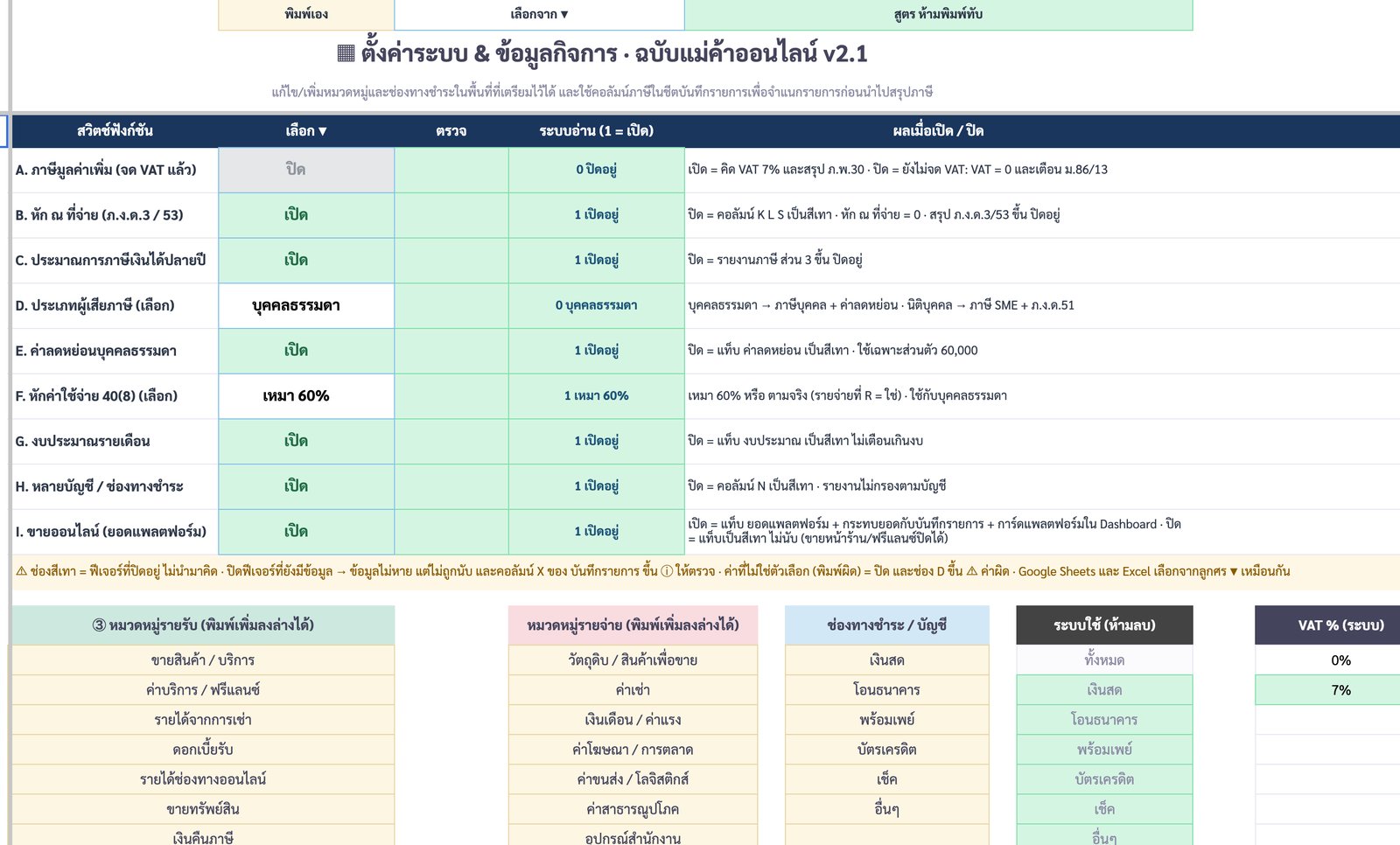 ตั้งค่า — สวิตช์ A–I — ภาพหน้าจอจริงจากบัญชีรายรับ-รายจ่าย ฉบับแม่ค้าออนไลน์