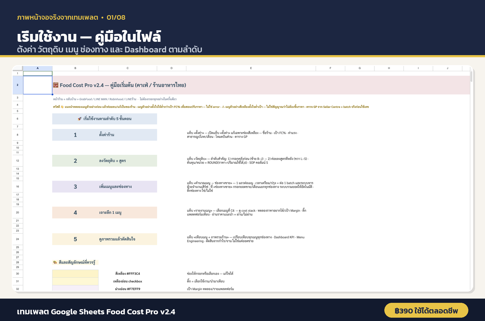 สอนใช้งาน — เริ่มต้นและลำดับการกรอก — ภาพหน้าจอจริงจากFood Cost Pro — ต้นทุนร้านอาหาร
