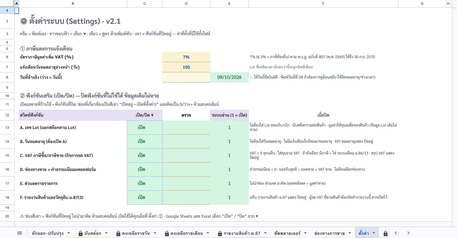 ตั้งค่า — เปิด/ปิด 6 ฟังก์ชัน — ภาพหน้าจอจริงจากเทมเพลตบริหารสต๊อกสินค้า